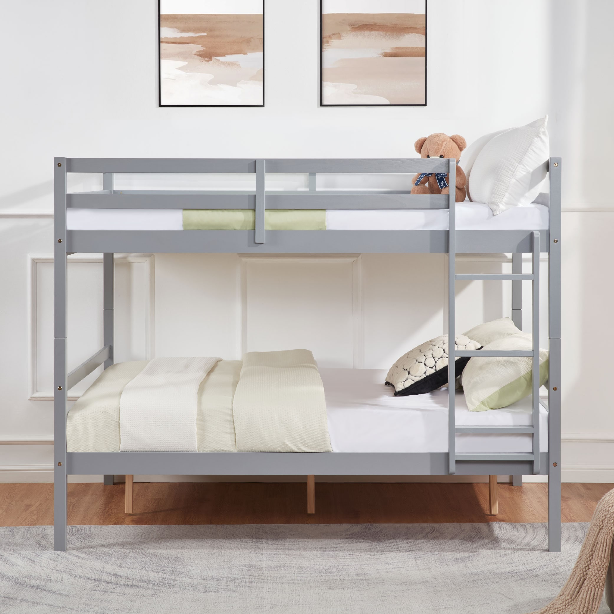 Full over Full Bunk Bed with Ladder,Wooden Bunk Bed with High Guardrail and Ladder for Kids, Teens, Dorm Rooms, and Guest Rooms,No Box Spring Needed,Grey Full over Full Bunk Bed with Ladder,Wooden Bunk Bed with High Guardrail and Ladder for Kids, Teens, Dorm Rooms, and Guest Rooms,No Box Spring Needed,Grey